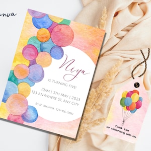 Balloon kids birthday invitation, Pastel rainbow watercolour balloons party invite, Boy or girl digital invitation template, printable evite
