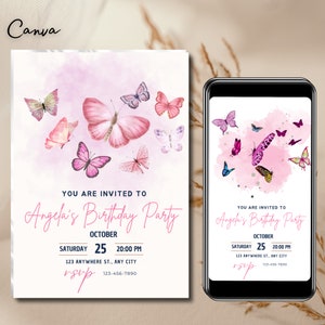 Bewerkbare vlinder verjaardagsuitnodiging Vlinder uitnodiging deelbare Pink Girl video, download afdrukbare sjabloon Canva, cake toppers 0134