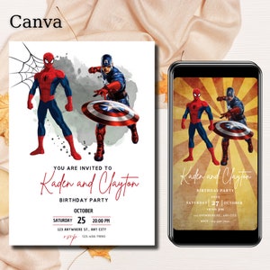 Modello di invito alla festa di compleanno di Capitan America e Spiderman, Invito di compleanno di Capitan America e Sideman, Invito gemelli 0226