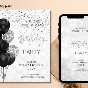 Digitale uitnodiging voor een zwart en zilver ballonverjaardagsfeestje, tekstuitnodiging direct downloaden, afdrukbare en deelbare iPhone-smartphone 0103
