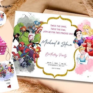 Modelo editável de convite de aniversário de super-heróis e princesas, aniversário para impressão = convite, modelo de festa digital, convite duplo 0125