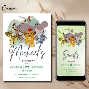 Lion king Birthday Invitation Template, Printable Birthday Party Invitation, Digital Kids Party Invite Template, lion tags,  editable 0157