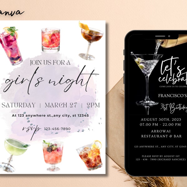 cocktail party digital invitation, text invitation cocktail instant download, printable and shareable, video invitation iPhone mobile 0111