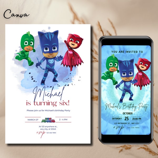 Editable pj masks Birthday Invitation Template, Printable Birthday Party Invitation, Digital Kids Party Invite Template, video evite 0153