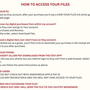 Puede incluir: Un fondo blanco con texto negro proporciona instrucciones sobre c&oacute;mo acceder a archivos digitales comprados en Etsy. El texto incluye pasos para acceder a archivos desde una PC, tel&eacute;fono y para usuarios de Apple ID.