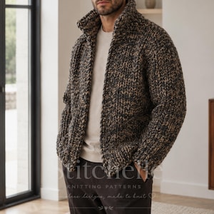 May include: A chunky knit cardigan featuring a thick, textured weave in a blend of dark charcoal and tan yarn. The garment has a high collar, long sleeves, and an open front design, worn over a plain light beige t-shirt and dark trousers.