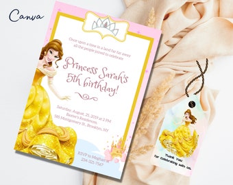 Belle  Birthday Party Invitation Template, Belle Birthday Invitation, Belle thank you tag, Editable Invitation, bday card, birthday invit