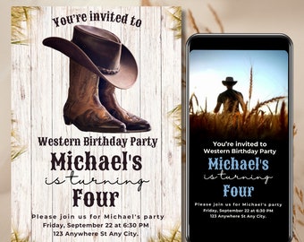 Wild West Birthday Invitation, Watercolour Cowboy Birthday Party Western Birthday Invitation, Editable Digital Template, Firs Rodeo 0319