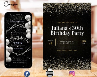 Adult Birthday Invitation Printable | Editable Invitation | Digital Modern Milestone Birthday Party Invitations | editable mobile invitation
