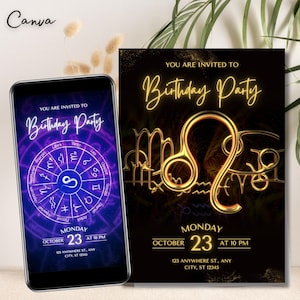 Gold Sternzeichen Geburtstagseinladung - druckbare und digitale Video-Einladung - Astrologie Design evite - Sternzeichen Löwe evite, Löwe-Einladung 0424