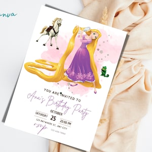 Modello di invito alla festa di compleanno di Rapunzel, invito di compleanno di Rapunzel, tag di ringraziamento Rapunzel, invito modificabile, biglietto d'auguri, 0062