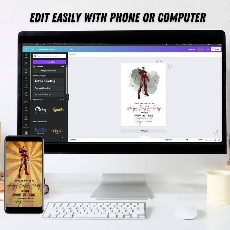 Puede incluir: Un monitor de computadora y un tel&eacute;fono inteligente que muestran un dise&ntilde;o de invitaci&oacute;n de cumplea&ntilde;os. La invitaci&oacute;n presenta una ilustraci&oacute;n de Iron Man y el texto "YOU ARE INVITED TO Andy's Birthday Party". La pantalla tambi&eacute;n muestra herramientas de edici&oacute;n.