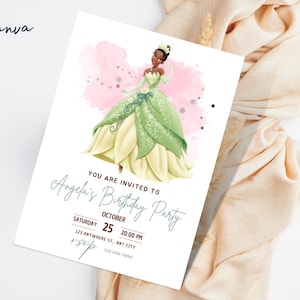 Modelo de convite de festa de aniversário de Tiana, convite de aniversário de Tiana, etiqueta de agradecimento de Tiana, convite editável, cartão de aniversário, aniversário