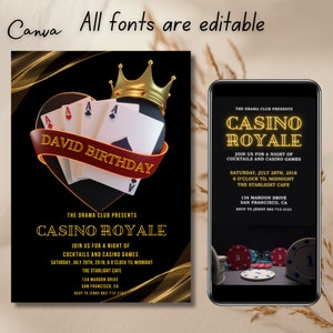 Bearbeitbare Kasino-Geburtstagseinladung, Poker-Party einladen, Digital Kasino Evite, Kasino-Nacht, Königskarte einladen, Herzkarten-Einladung 0222