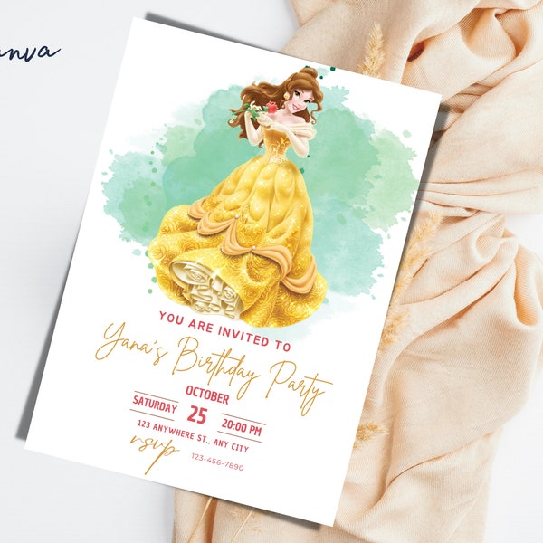 Belle  Birthday Party Invitation Template, Belle Birthday Invitation, Belle thank you tag, Editable Invitation, bday card, birthday invit