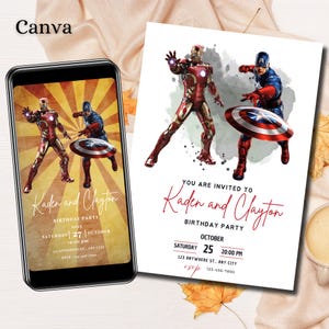アイアンマンとスパイダーマンの誕生日パーティー招待状テンプレート、キャプテンアメリカとサイドマンの誕生日招待状、双子の招待状、電話0422