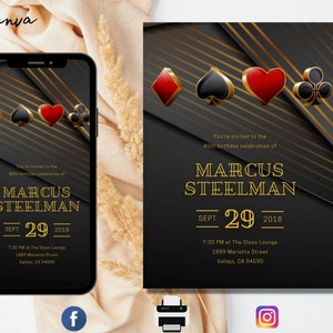 Invito di compleanno del casinò elettronico, Invito alla festa del poker, Invito al casinò digitale, Notte del casinò, Invito alla carta da gioco dell'asso, Invito al pensionamento