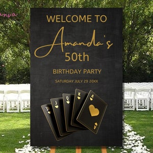 Panneau de bienvenue d'anniversaire pour casino - Tout âge - Fête 18 x 24 et 20 x 30" Cartes Chips Poker Poster EDIT TÉLÉCHARGEMENT INSTANTANÉ, noir et or - 0037