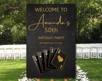 Cartel de bienvenida de cumpleaños de casino: Tema de póker negro y dorado (descarga instantánea)