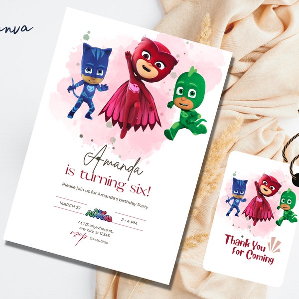 Editable pj masks Birthday Invitation Template, Printable Birthday Party Invitation, Digital Kids Party Invite Template, Owlette evite 0046