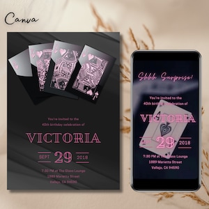 Rosa elektronische Kasino-Geburtstags-Einladung, Poker-Party-Einladung, Digital-Casino-Evite, Kasino-Nacht, A, K, Q, J Plying Card Invite, 0130