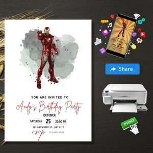 Puede incluir: Una invitaci&oacute;n de cumplea&ntilde;os con una ilustraci&oacute;n de Iron Man. La invitaci&oacute;n incluye el texto "Est&aacute;s invitado a la fiesta de cumplea&ntilde;os de Andy" con fecha, hora e informaci&oacute;n de RSVP. Un smartphone muestra la invitaci&oacute;n, y tambi&eacute;n hay una impresora.