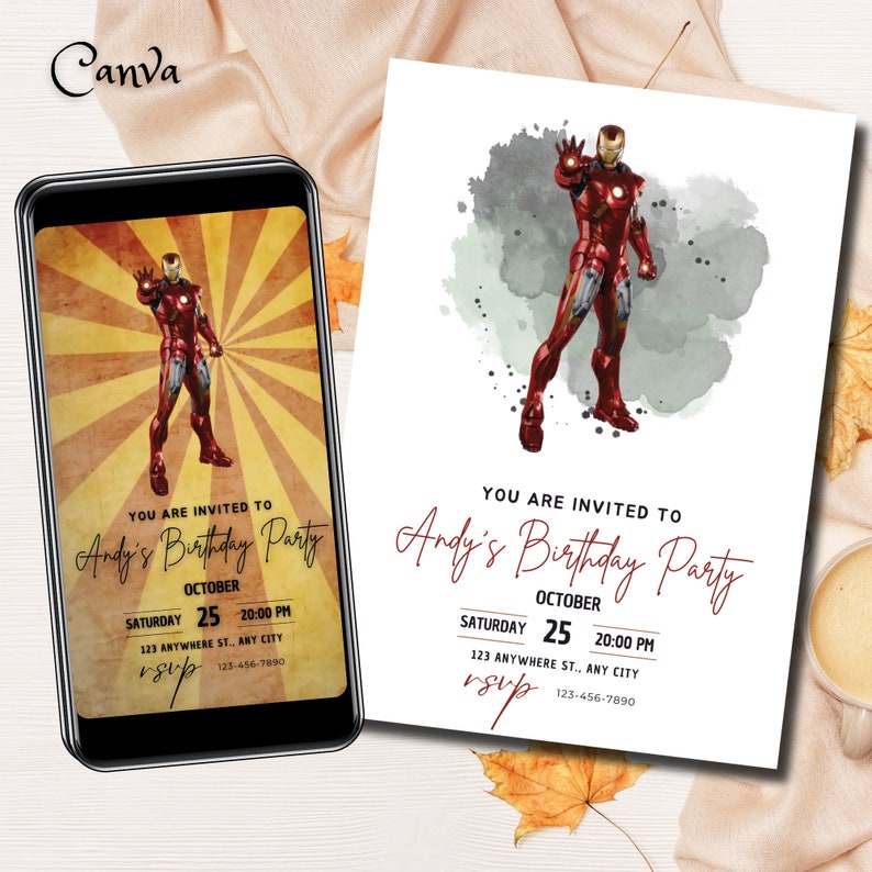 Puede incluir: Una invitaci&oacute;n de cumplea&ntilde;os con una ilustraci&oacute;n de Iron Man rojo y dorado. La invitaci&oacute;n de la derecha tiene un fondo de acuarela. La invitaci&oacute;n de la izquierda se muestra en un tel&eacute;fono inteligente. El texto incluye detalles de la fiesta.