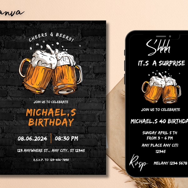 Digital Party Beer Birthday Invitation, Electronic Beer E Invite, Men Birthday Video Invitation, Editable Template, printable 0098