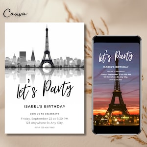 Digitale uitnodiging voor feest van Paris City, Paris City uitnodiging direct downloaden, afdrukbaar en deelbaar, video-uitnodiging, Eiffeltoren 0215