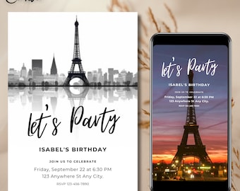 Invitación a fiesta de cumpleaños en París: Torre Eiffel (Descarga digital)