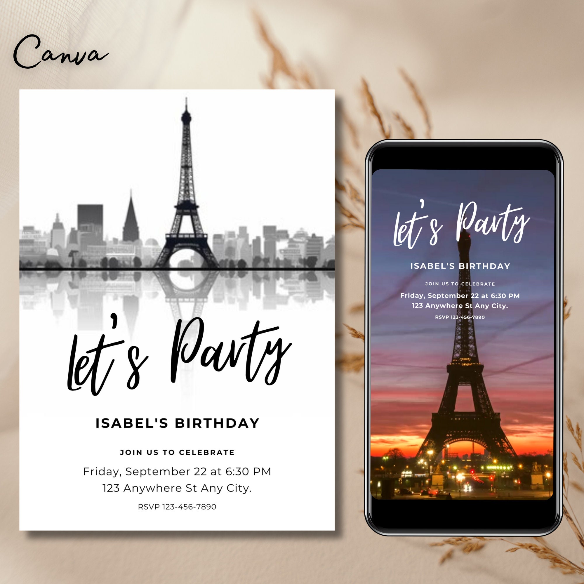 Invitación a fiesta de cumpleaños en París: Torre Eiffel (Descarga digital)  - Etsy México, image size:2000x2000