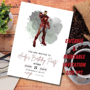 Puede incluir: Tarjeta de invitaci&oacute;n blanca con una ilustraci&oacute;n de Iron Man. La tarjeta dice "Est&aacute;s invitado a la fiesta de cumplea&ntilde;os de Andy" con fecha, hora y detalles de RSVP. Tambi&eacute;n se ven las palabras "Invitaci&oacute;n editable e imprimible Tama&ntilde;o 5*7".