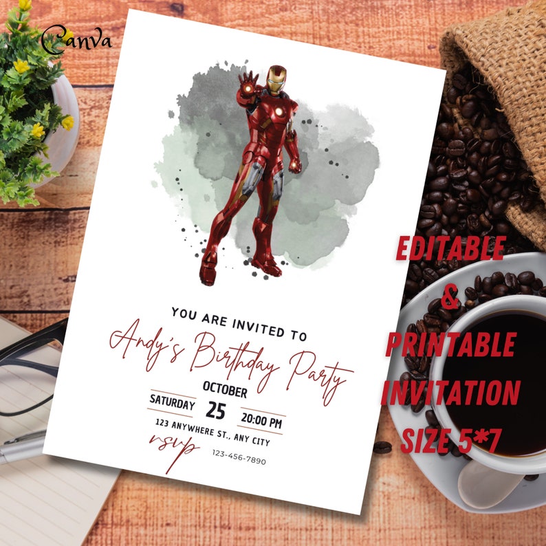 Puede incluir: Tarjeta de invitaci&oacute;n blanca con una ilustraci&oacute;n de Iron Man. La tarjeta dice "Est&aacute;s invitado a la fiesta de cumplea&ntilde;os de Andy" con fecha, hora y detalles de RSVP. Tambi&eacute;n se ven las palabras "Invitaci&oacute;n editable e imprimible Tama&ntilde;o 5*7".