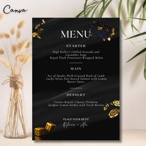 Modello di menu per serata al casinò / Download digitale modificabile / Menu per feste in oro nero di lusso / Menu per matrimoni / Menu per feste di compleanno / 0429