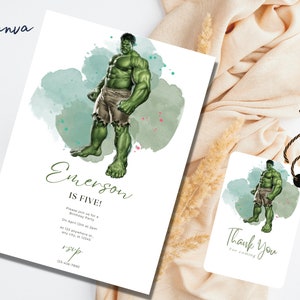 Plantilla de invitación a la fiesta de cumpleaños de Hulk, invitación de cumpleaños de Hulk, etiqueta de agradecimiento de Hulk, invitación editable, invitación imprimible de Hulk, 0110