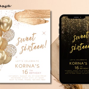 Digitale uitnodiging voor verjaardagsfeestje van goud en diamantballon, tekstuitnodiging direct downloaden, afdrukbaar en deelbaar, smartphone evite 0104