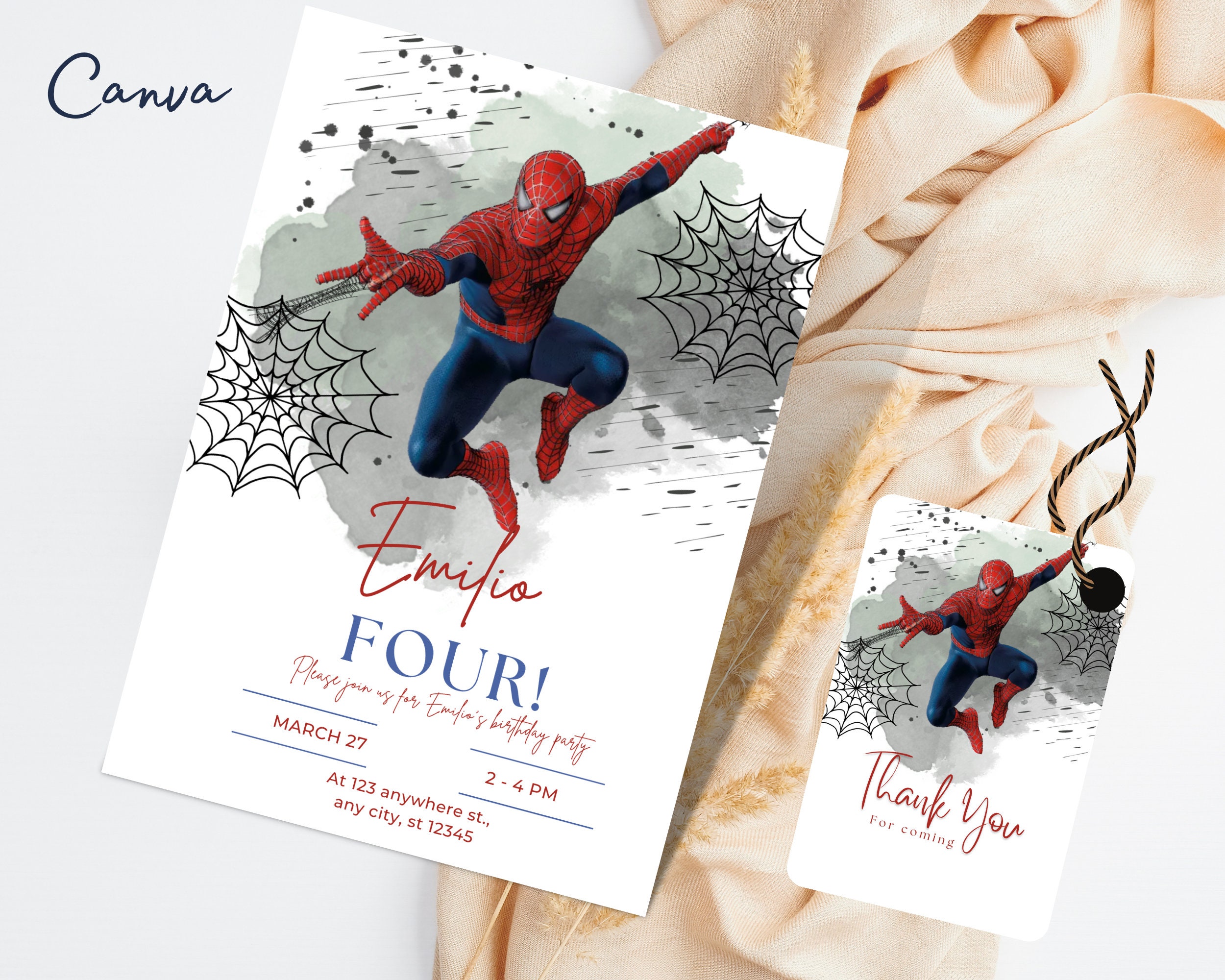 Spiderman Birthday Party Invitation Template, Spiderman Birthday Invitation,  Spiderman Thank You Tag, Editable Invitation, Printable Invit 