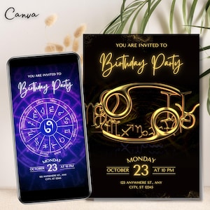 Invitation d'anniversaire du zodiaque doré - Invitation vidéo imprimable et numérique - Design astrologie evite - evite du zodiaque cancer, invitation Cancer 0425