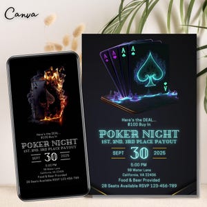 Invito casinò modificabile, invito compleanno poker, invito carte da gioco, modello black jack stampabile download immediato, carte fuoco 0420