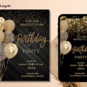 Gouden ballon digitale uitnodiging voor verjaardagsfeestje, tekstuitnodiging zwart & goud direct downloaden, afdrukbaar en deelbaar, mobiele telefoon 0100