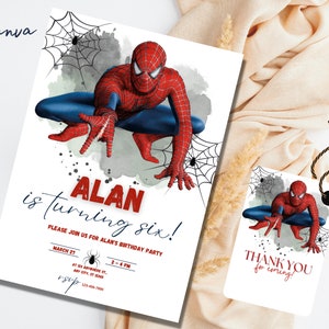 Bewerkbare Spiderman verjaardagsuitnodiging sjabloon, afdrukbare verjaardagsuitnodiging voor feest, digitale Kids Party uitnodiging sjabloon, Spiderman kaart,