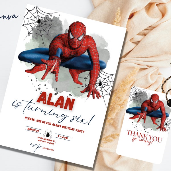 Modèle d'invitation d'anniversaire spiderman modifiable, invitation de fête d'anniversaire imprimable, modèle d'invitation de fête numérique pour enfants, carte spiderman,