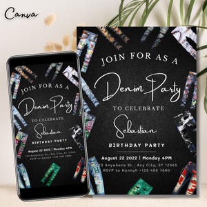 Editable Denim Birthday Invitation Template | Black Edition Denim Digital Download Party | Customizable Canva Design for Denim-Themed 0436