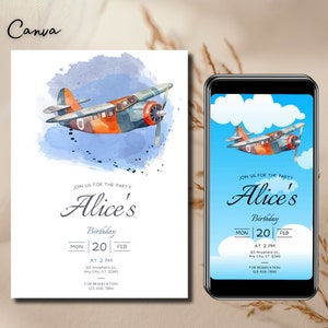 Modèle d’invitation à une fête d’anniversaire d’avion, invitation d’anniversaire aérienne, étiquette de remerciement d’avion, invitation modifiable, vidéo d’avion 0138
