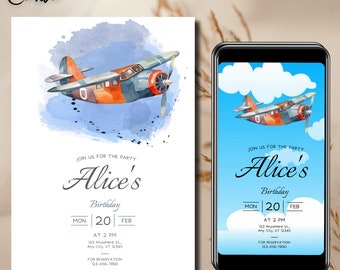 Airplane Birthday Invitation Template: Editable Canva Design (Digital Download)