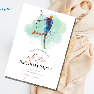 Modèle d'invitation d'anniversaire de tennis modifiable, invitation imprimable de fête d'anniversaire, modèle numérique d'invitation de partie d'enfants, invitation de tennis