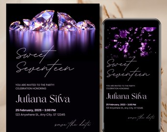 Diamond Dreams invitation, Elegance template, Glamour invitation template, Sparkling Night invitation, Shine editable invitation, 0261