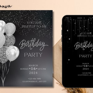 Digitale uitnodiging verjaardagsfeestje zwart-zilveren ballon, tekstuitnodiging direct downloaden, afdrukbaar en deelbaar, smartphone 0101