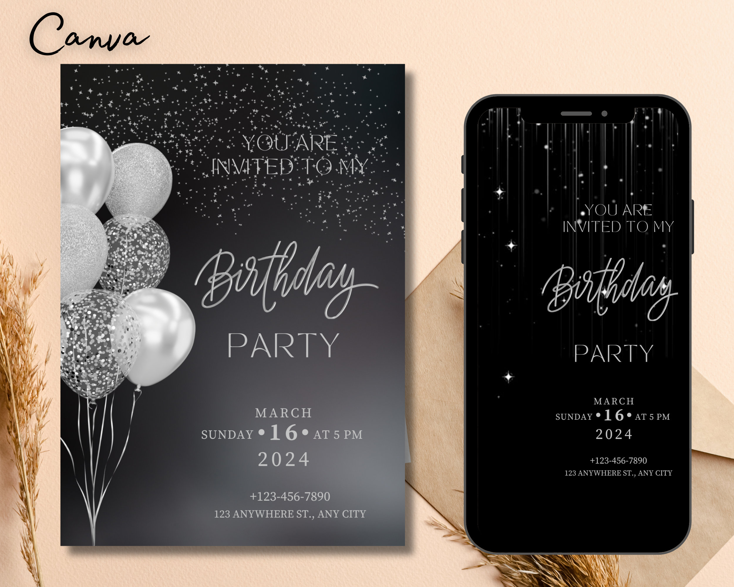 Black and white glitter birthday invitation - Etsy México, image size:2500x2000