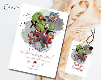 Modello modificabile di invito di compleanno di Avengers, invito per festa di compleanno stampabile, modello di festa digitale per bambini, invito di Avengers 0059